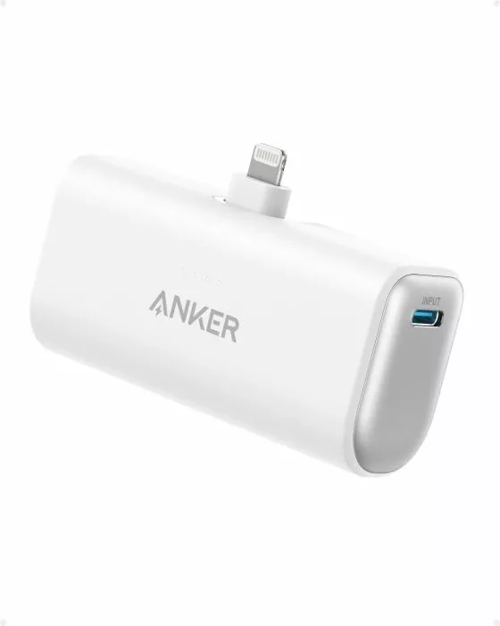 Powerbank Anker Nano 621 5000 mAh 12W me Lightning të integrum, i bardhë, me kabllo USB-C në USB-C 60 cm