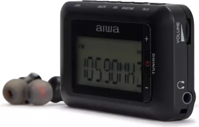 Radio xhepi Aiwa RD-10 AM/FM me RDS, ekran LED, me kufje dhe bateri AAA, e zezë