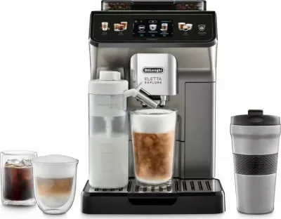 Makinë espresso DeLonghi Eletta Explore ECAM450.86.T, automatike bean-to-cup, Cold Brew, Wi‑Fi, me gotë termike, ngjyrë titanium