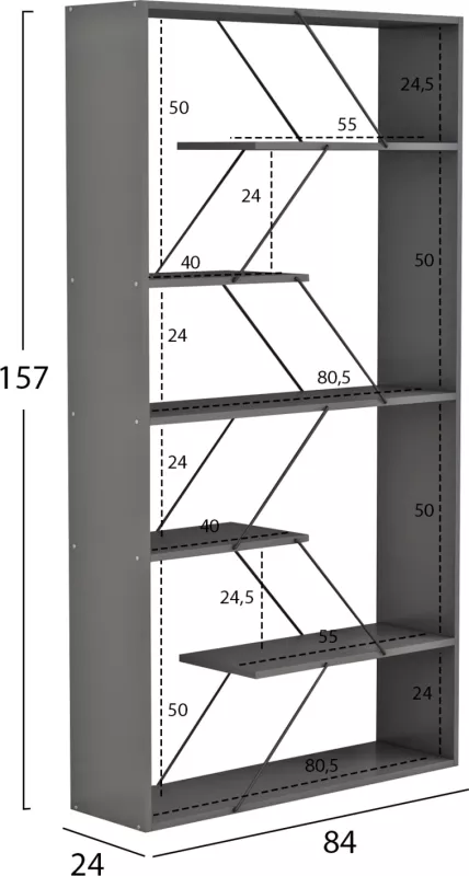 Raft librash TARS, melamin gri, shufra metali të zeza, FH2240.20, 84x24x157H cm