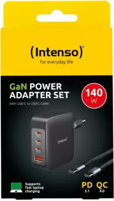Karikues GaN INTENSO 7814010 140W 3xUSB-C + 1xUSB-A, kabllo USB-C në USB-C 2m 5A e përfshirë, e zezë (set)