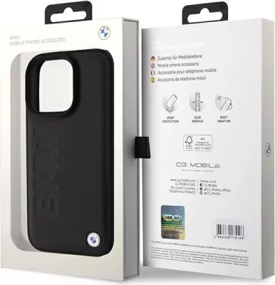 Mbështjellës BMW Leather Hot Stamp për iPhone 16 Pro Max, i zi