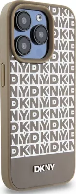 Mbështjellës DKNY Leather Printed Pattern Metal Logo MagSafe për iPhone 15 Pro, Kafe
