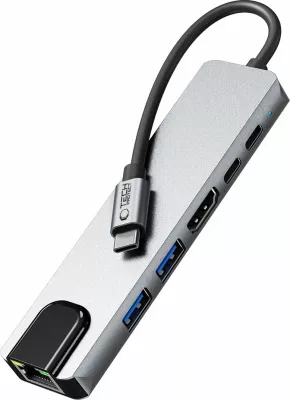 Adapter HUB Tech-Protect HB02 6in1, USB-C, USB 2.0, USB 3.0, HDMI 4K, RJ45, PD 100W, Gri