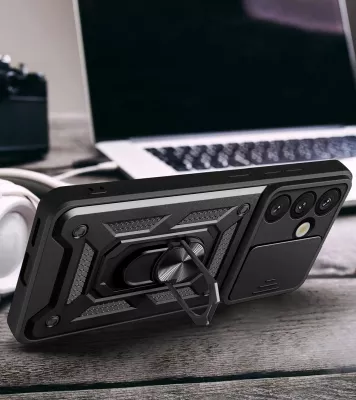 Mbështjellës Hurtel Hybrid Armor Camshield me stand dhe mbulesë kamere për OnePlus Ace Pro 5G / 10T 5G, i zi