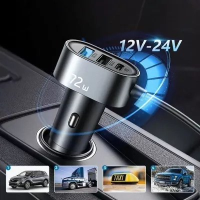 Karikues veture Joyroom JR-CL05 72W 5 porta (3x USB-A + 2x USB-C) 3A, kabllo 1.5m, e zezë