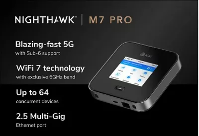 Router mobil 5G NETGEAR Nighthawk M7 Pro, WiFi 7 tri-band, ekran 2.8", Gigabit Ethernet, USB-C, bateri 5185mAh, i zi
