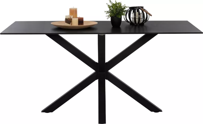 Tavolinë për ngrënie, gur i sinteruar, këmbë metali të zeza, 160x90x75 cm