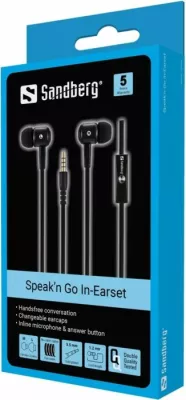 Kufje in-ear Sandberg Speak'n Go 125-62 me mikrofon, 3.5mm, kabllo 1.2m, të zeza, set me 2 palë maja