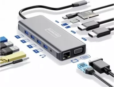 Hub USB-C Zenwire 12-në-1, 2x HDMI 4K, VGA, 4x USB 3.0, Gigabit Ethernet, SD/microSD, Power Delivery 87W, gri
