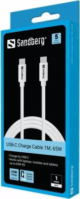 kabllo karikimi USB-C Sandberg 136-52, 1 m, PD 65 W, USB 3.1 Gen 1, e bardhë