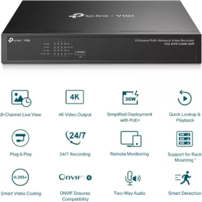 Regjistrues video rrjeti (NVR) TP-LINK VIGI NVR1008H-8MP, 8-kanal PoE+, 4K HDMI, deri 10TB, i zi