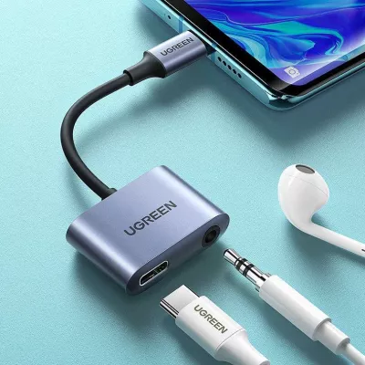 Adapter AV Ugreen CM231 USB-C në 3.5mm + USB-C, PD/QC 30W, gri