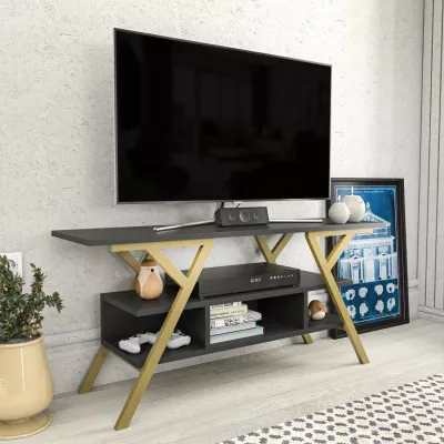 Komodinë TV Skye Decor, ngjyrë ari dhe antracit, Minerva