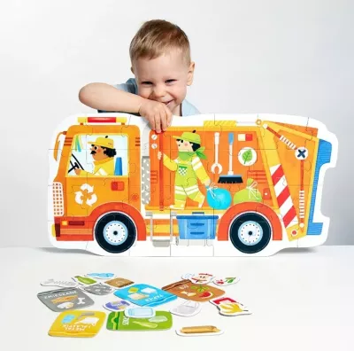 Puzzle edukativ CzuCzu Moto Garbage Truck, 26 pjesë, për fëmijë, portokalli