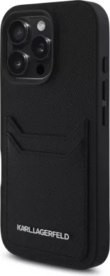 Mbështjellës Karl Lagerfeld HC Grained PU Cardslot Metal Elong për iPhone 16 Pro Max, e zezë