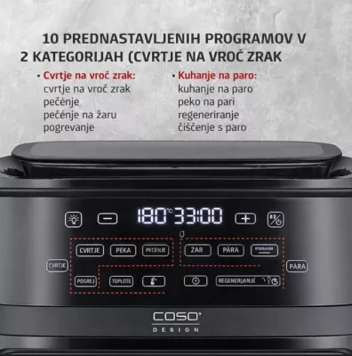 Fritezë me ajër të nxehtë me avull CASO AirFry & Steam 700, 7 L, 1700 W, e zezë