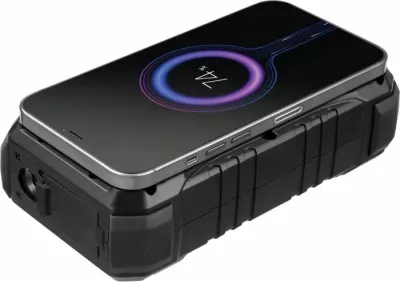 Powerbank Sandberg Survivor 420-99, 27000 mAh, PD 65W, IP66, wireless 15W, e zezë/gri, set me karabiner + kabllo USB-C