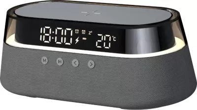 Altoparlant Bluetooth Moye Hemera 15W, orë alarmi me FM radio, dritë nate RGB, karikim pa kabllo Qi 5-15W, bateri 1800mAh, USB-C, zi/gri
