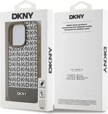 Mbështjellës DKNY Leather Printed Pattern Metal Logo MagSafe për iPhone 15 Pro, Kafe