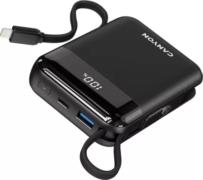 Power bank CANYON OnPower 104 10000mAh 22.5W me kabllo të integruara USB-C/Lightning, i zi