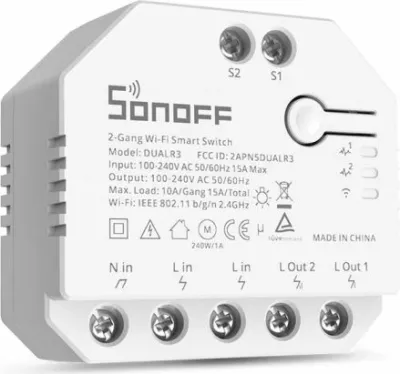Switch smart Wi‑Fi 2-kanalësh SONOFF DUALR3, kontroll për perde/roleta, matje energjie, 100–240V 10A, 3300W, i bardhë