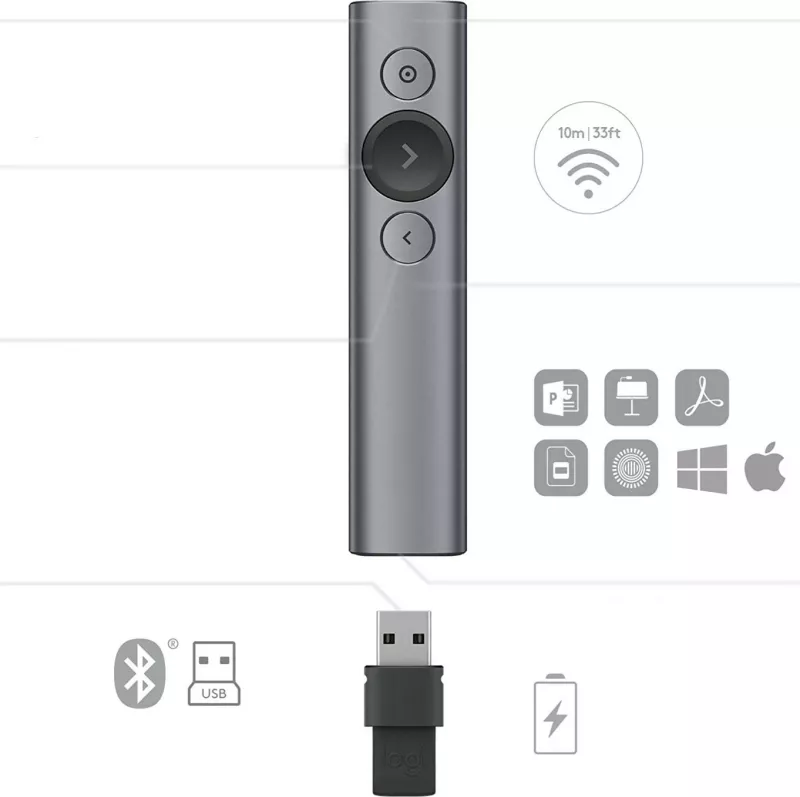 Telekomandë prezantimi Logitech Spotlight, Bluetooth/RF, USB, 30 m, Gri