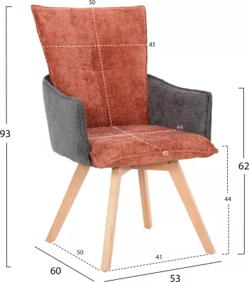 Karrige ngrënieje me krahë REX FH9847.06, ngjyrë e kuqe tullë-gri, këmbë druri ahu, 53x60x93H cm., set prej 2 copë
