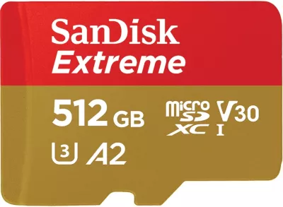 Kartelë memorie SanDisk Extreme, 512 GB, MicroSDHC, Class 10, UHS-I, e kuqe dhe e artë