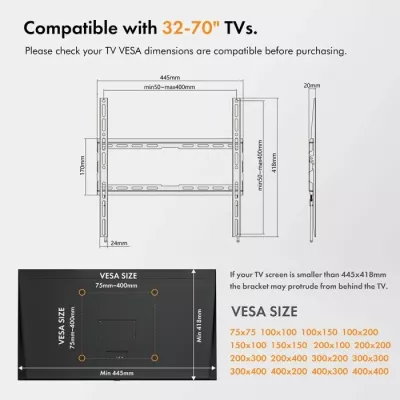 Mbajtëse muri fikse për TV VONHAUS 3000817, 32-55\", deri 35kg, VESA max 400x400, e zezë