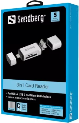 Lexues kartelash Sandberg 136-28 USB-C + USB-A + MicroUSB, SD/MicroSD, alumini, argjendtë/bardhë