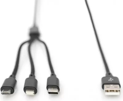 Kabllo karikimi 3-në-1 Digitus, 1 m, USB A, USB C, E zezë