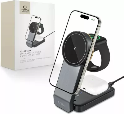 Karikues induktiv 3-në-1 Tech-Protect QI15W-A28 me MagSafe, për smartphone, Apple Watch dhe AirPods, i zi