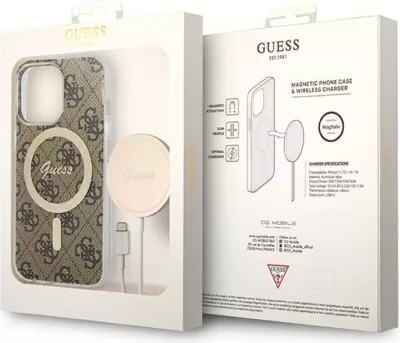 Set mbështjellës Guess GUBPP13LH4EACSW me karikues wireless për iPhone 13 Pro, 4G Print, kafe