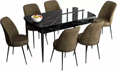 Tavolinë me karrige për ngrënie, e zgjatshme, 7 copë, Skye Decor, mermer i zi, kafe