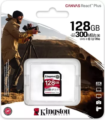 Kartë memorie SDXC Kingston Canvas React Plus 128GB, 300MB/s, e zezë