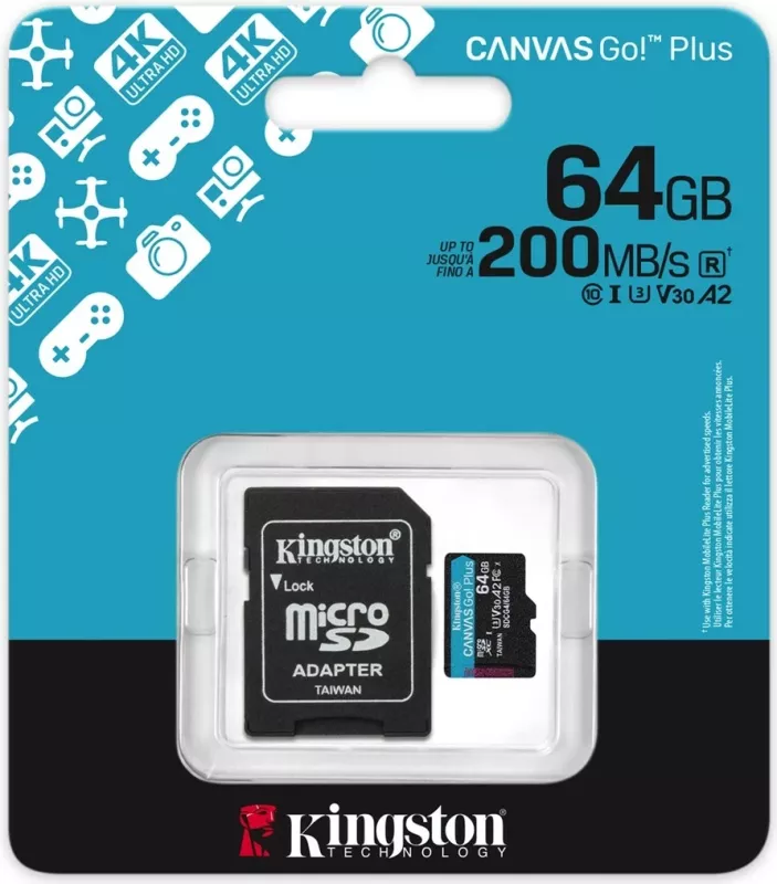 Kartelë microSDXC Kingston Canvas Go Plus 64GB me adapter, e zezë