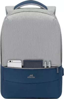 Çantë shpine për laptop RivaCase Prater 7562 15.6\" me portë USB, repelente ndaj ujit, gri/blu e errët