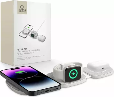 Karikues wireless 3-në-1 Tech-Protect QI15W-A32 me MagSafe, për iPhone/Apple Watch/AirPods, Gri