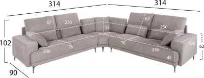 Divan qoshe SYMMET FH3269.01, pëlhurë gri e çelur, këmbë antracit me shkëlqim, 314x236x90-102H cm