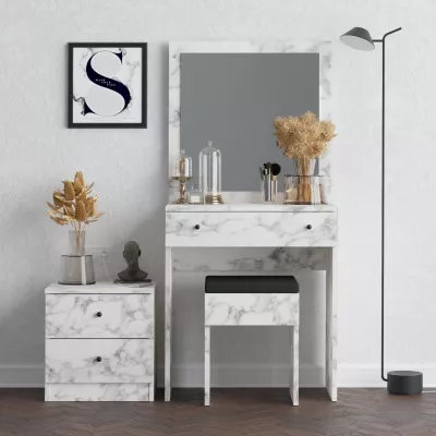 Tavolinë grimi me komodinë e karrige, ngjyrë Carrara Marble, Hanah Home, Nice