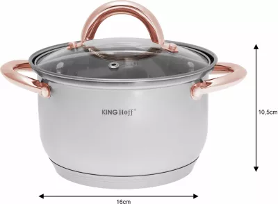 Set tenxheresh dhe tigan inox KingHoff KH 1768, 12 copë, për induksion, kapakë xhami, argjend me aksente rozë-ari