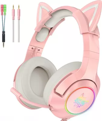 Kufje gaming ONIKUMA K9 me mikrofon, RGB, 3.5mm, Rozë, me veshë maceje