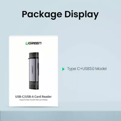 Lexues kartelash UGREEN 50706 2-në-1 USB 3.0/USB-C, deri 5Gbps, SD/microSD, argjendtë, në kuti