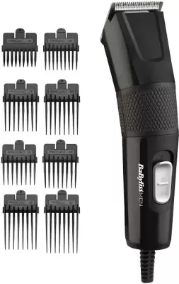 Makinë prerëse flokësh me kabllo, BaByliss E756E, 1-25 mm, 8 koka udhëzuese, teh çelik inox, e zezë, set