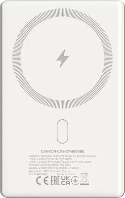 Power bank CANYON OnPower 505 5000 mAh PD 20W MagSafe magnetik ultra i hollë, beige