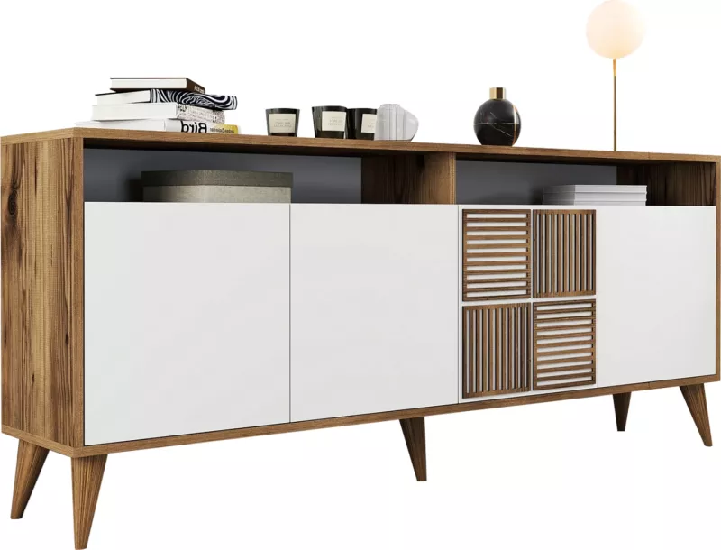 Bufe melamine në ngjyrë arre me dyer të bardha 180x35x78.6Hcm.FH9431.02