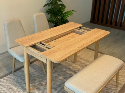 Set tavolinë me karrige për ngrënie, zgjatues, ngjyrë lis dhe krem, Skye Decor, Vina Mini 01 1005, 4 pjesë