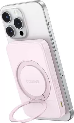 Powerbank, Baseus, PicoGo Qi2 P10076800413-00, 5000mAh 20W, karikim wireless Qi2 15W, USB-C, me qëndrim palosës, rozë