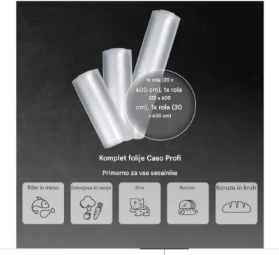 Set folie për vakum CASO 1231, 3 rrotulla (20×600 cm, 25×600 cm, 30×600 cm), 150 µm, për Sous Vide, transparente, set 3 copë